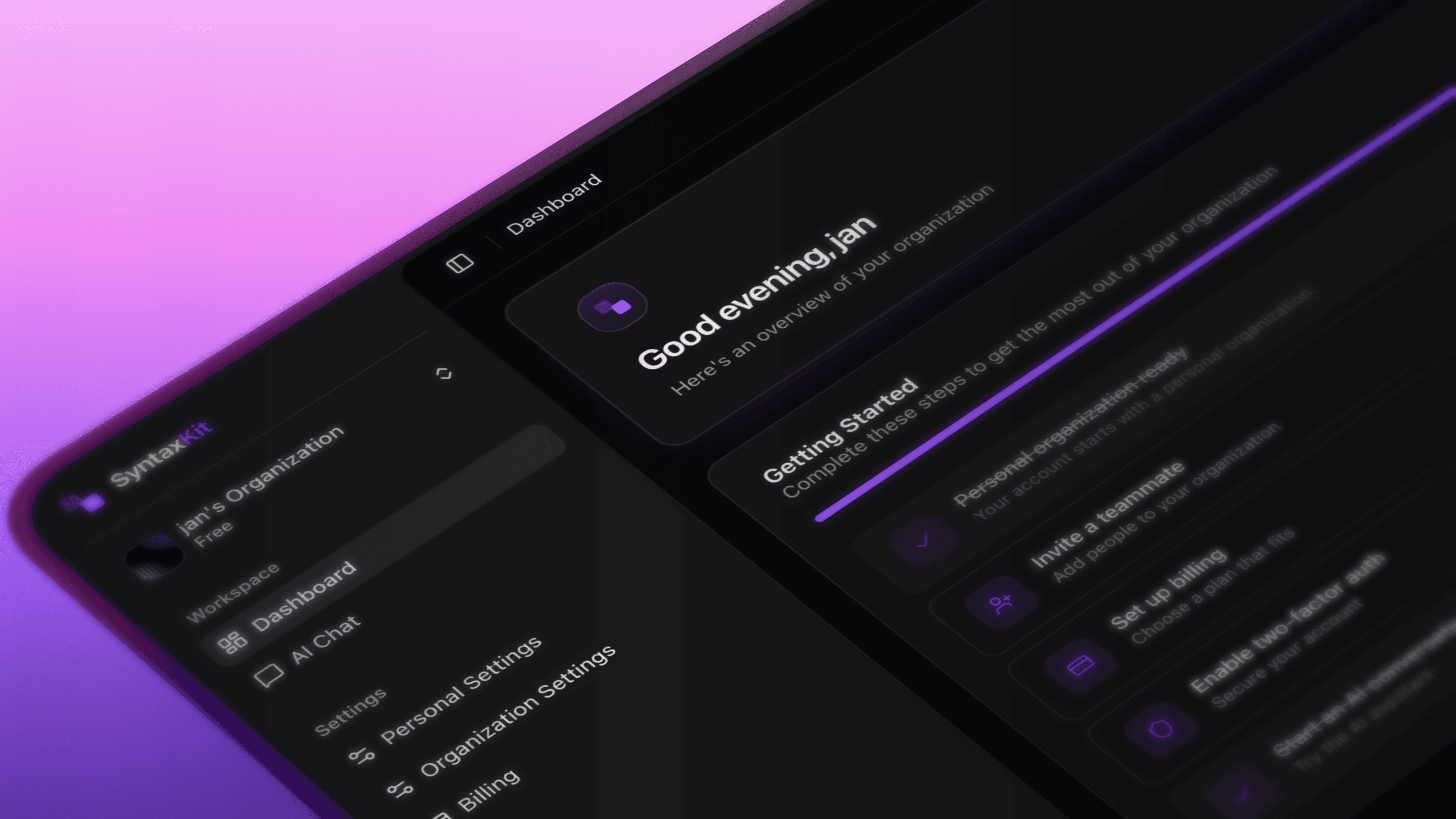 The SyntaxKit dashboard, showing the organization sidebar and a getting-started checklist