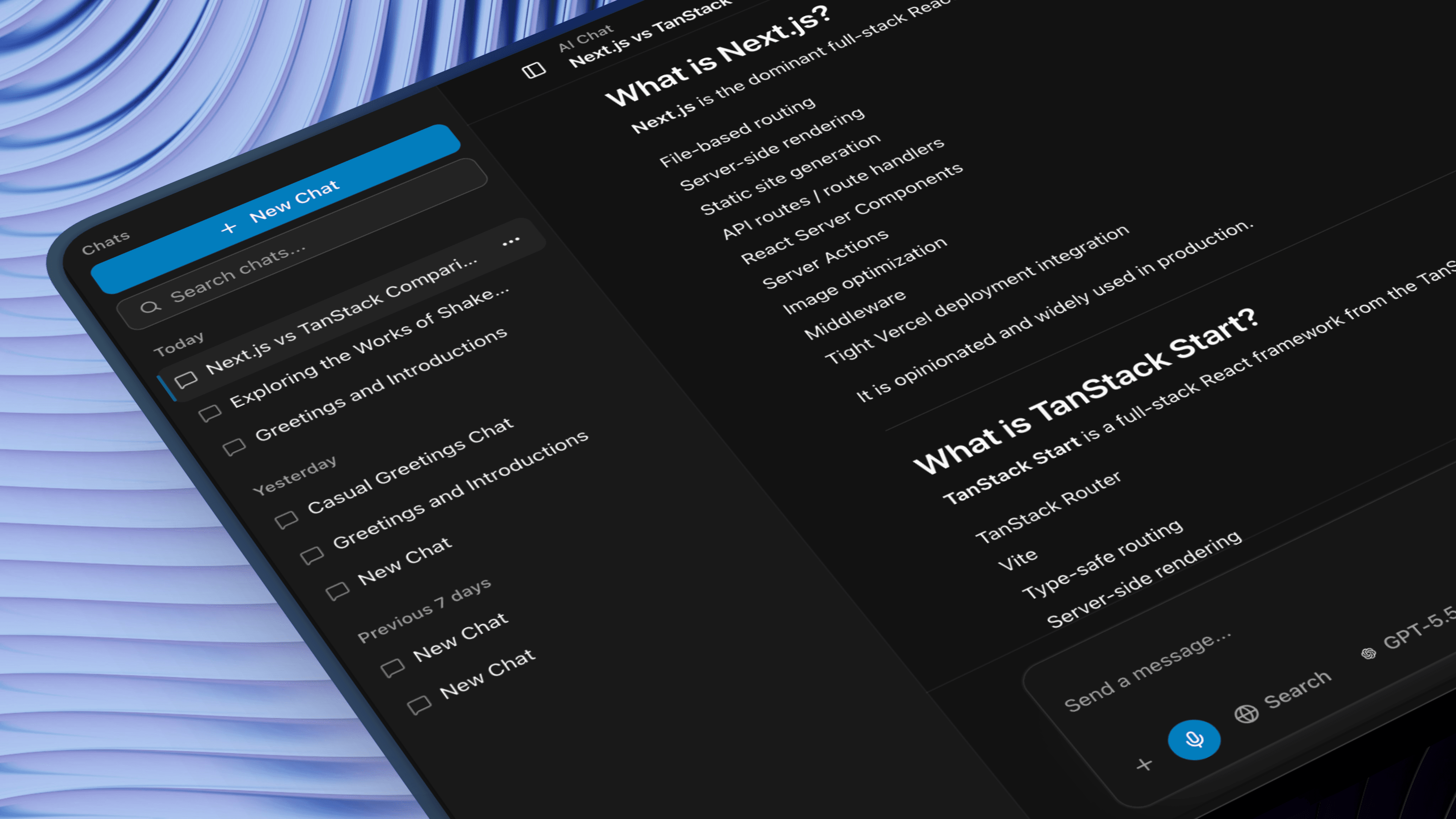 The SyntaxKit AI chat, with the conversation sidebar next to a streamed answer comparing Next.js and TanStack Start