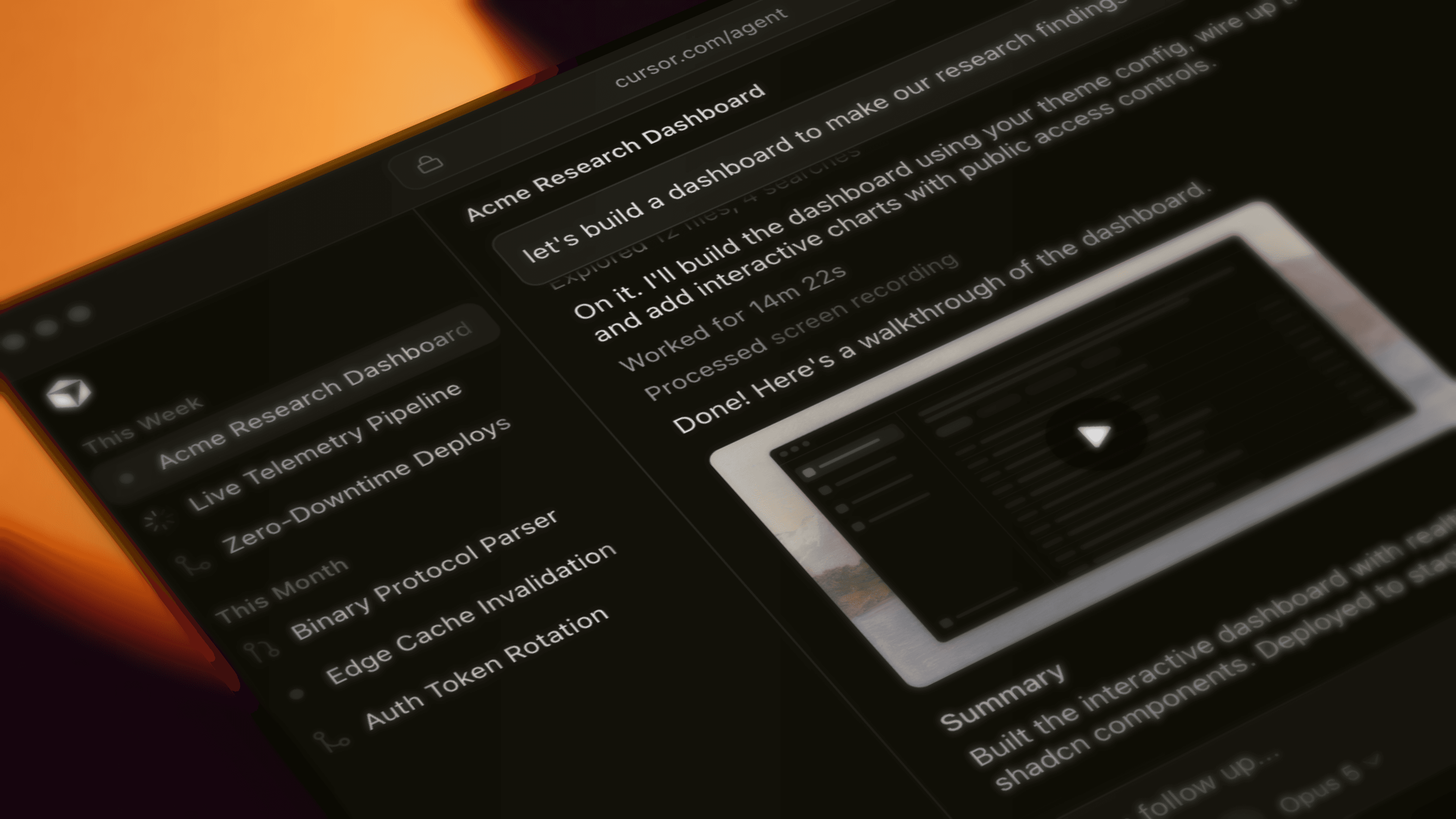 The Cursor Cloud agent view, with an agent building a dashboard and a list of past agent sessions