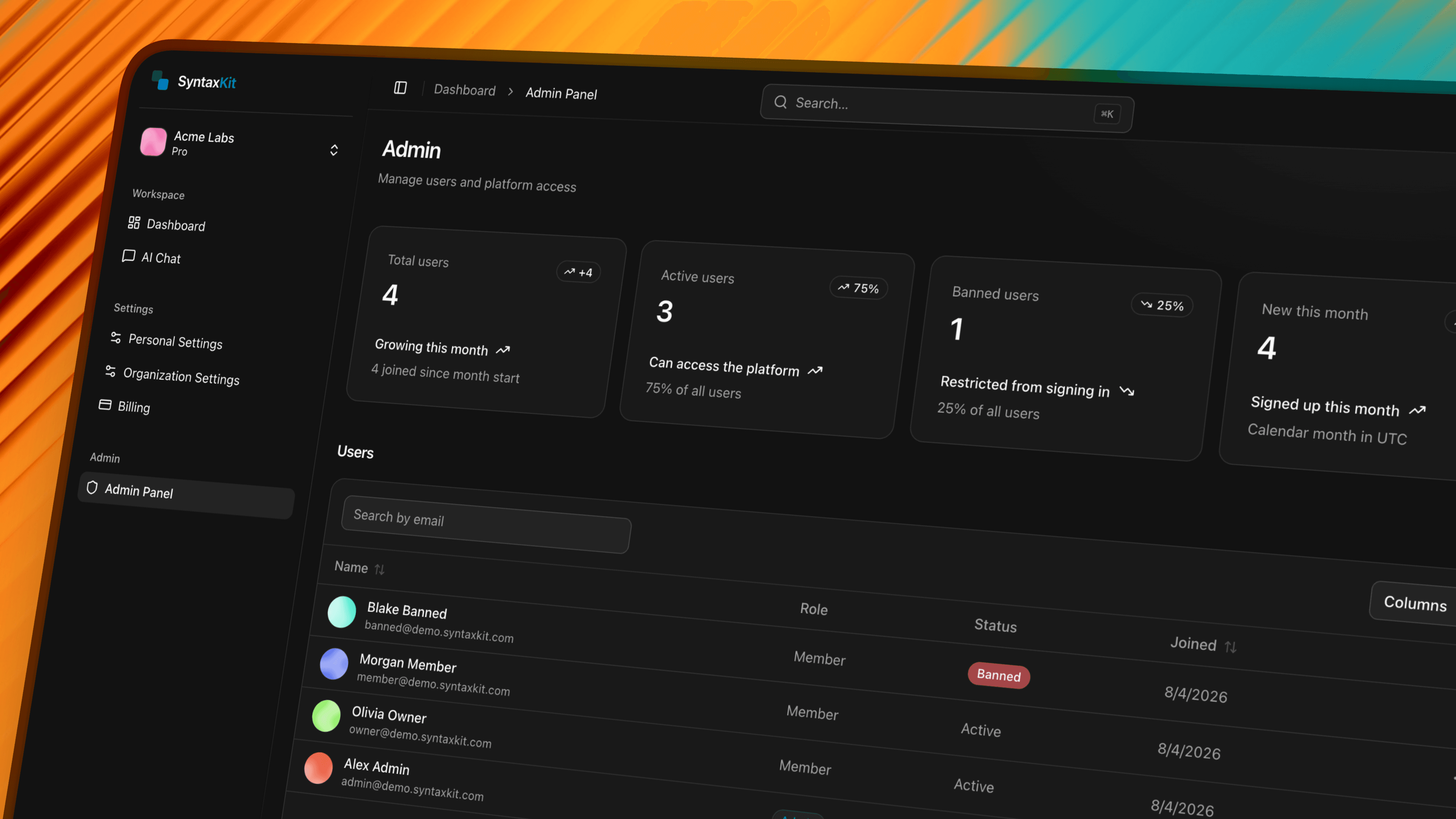The refreshed SyntaxKit admin panel in dark mode, with user stats and the user table on neutral surfaces
